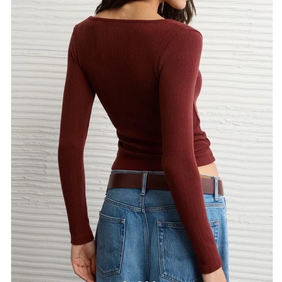 American Eagle Women Ribbed Long Sleeve Square Neck Top NWT Size L - Picture 2 of 4